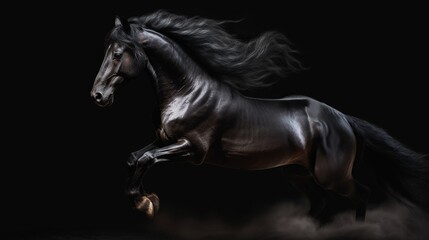 Fototapeta na wymiar Galloping black horse on dark background Generative AI