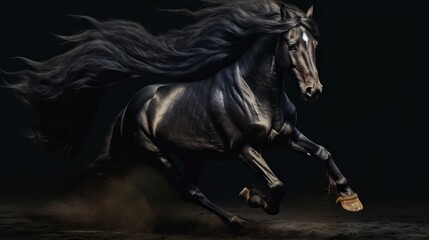 Obraz na płótnie Canvas Galloping black horse on dark background Generative AI