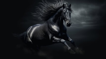 Naklejka na ściany i meble Galloping black horse on dark background Generative AI