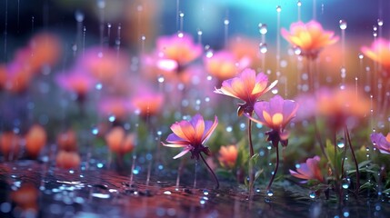 Fototapeta na wymiar spring flowers rain drops, abstract blurred background flowers fresh rain Generative AI