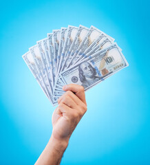 Money, studio hands and person show dollar bills, reward or bonus cash salary, profit or wealth....