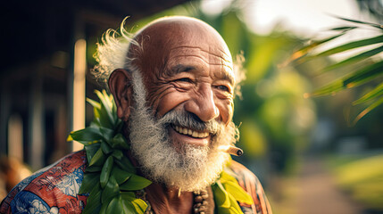 Old Happy bearded Hawaiian Man potrtait. 60 year old pensioner. Downshifter retired.