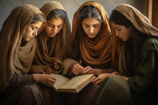 AI generated illustration of Christian girls with Catholic veils reading Bible