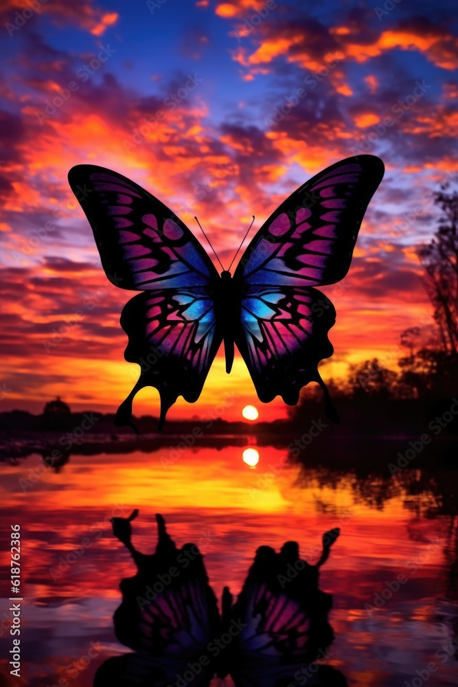 Poster butterfly silhouette against a colorful sunset sky, created with generative ai