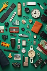 flat lay of various business icons on a desk, created with generative ai