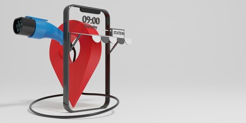 Smartphone with GPS pin and EV charging plug.search on map for charger stations.Electric charging point application.3D rendering illustration.