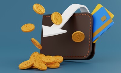 wallet with gold coins.arrows coins Cashback and banking,money-saving.Mock up empty screen,Isolate background.3D rendering illustration.