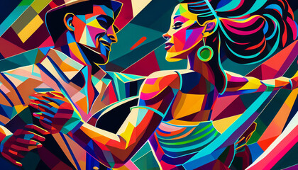 Latin American Hispanic male and female couple dancing the ballroom Calypso dance shown in an abstract cubist style painting for a poster or flyer, computer Generative AI stock illustration image