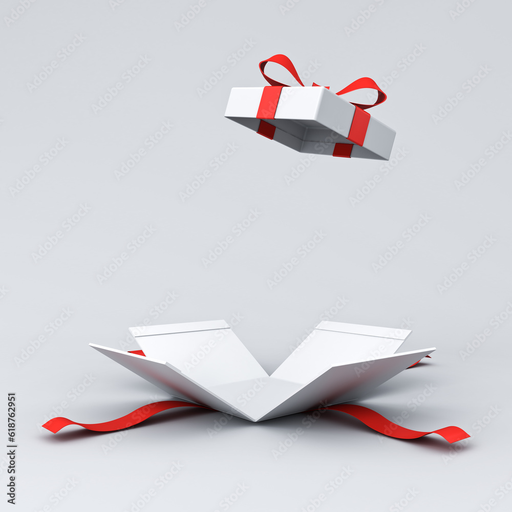 Fototapete Open white present box or gift box with red ribbons and bow isolated on white grey background with shadow minimal conceptual 3D rendering