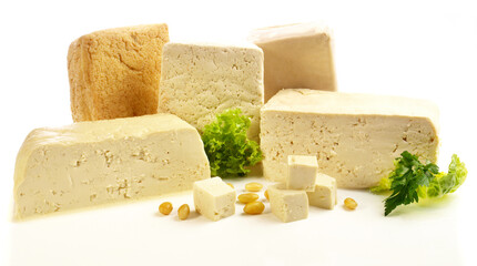 Various Tofu Panorama with Salad and Soy Beans isolated  on white Background