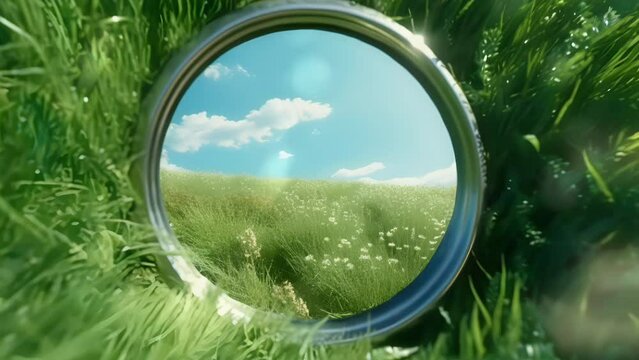 Round mirror on the garden ground reflecting the green grass and blue sky