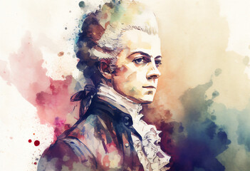 Wolfgang Amadeus Mozart watercolour painting of the famous Austrian classical music pianist and musical opera composer from Salzburg, computer Generative AI stock illustration - obrazy, fototapety, plakaty