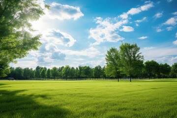 Beautiful park scene in public park with green grass field