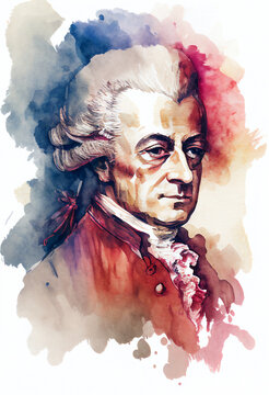 Wolfgang Amadeus Mozart watercolour painting of the famous Austrian classical music pianist and musical opera composer from Salzburg, computer Generative AI stock illustration