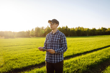 Young farmer in a green wheat field with a tablet in his hands. The farmer checks the crop and controls the growth of wheat. The concept of agriculture, agribusiness.