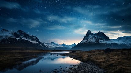 Fototapeta na wymiar Beautiful view of milky way glowing on the sky with mountains and river and reflections of stars