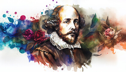 William Shakespeare watercolour painting of the famous English Elizabethan playwright and bard from Stratford Upon Avon born in the 16th century, computer Generative AI stock illustration image - obrazy, fototapety, plakaty