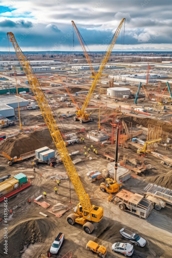 Canvas Prints aerial view of a large construction site with cranes and machinery, created with generative ai