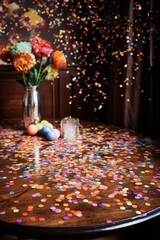confetti scattered on a wooden table with party decorations, created with generative ai