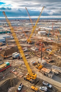 Aerial View Of A Large Construction Site With Cranes And Machinery, Created With Generative Ai