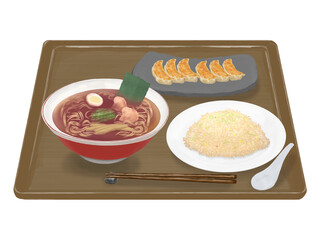 醤油ラーメン、餃子、炒飯セット（ブラウントレイ）　リアルイラスト