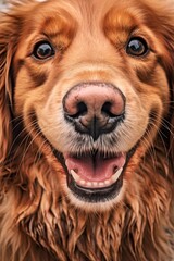 close-up of a smiling dogs face and eyes, created with generative ai