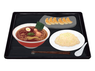醤油ラーメン、餃子、炒飯セット（黒トレイ）　リアルイラスト