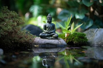 AI generated illustration of an impressive gray stone statue of Buddha on a tranquil pond