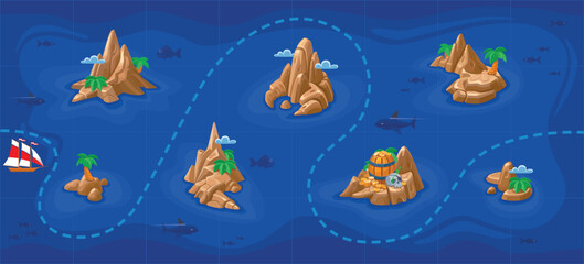 Game Map. Sea view from above. Uninhabited 
island. Ocean, palm trees, treasures, chests, scull, mountain
Vector background for game interface in bright colors. Seamless pattern