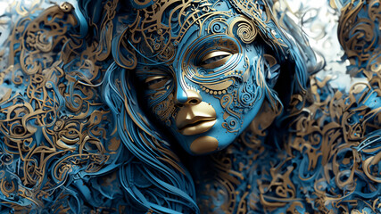 Schöne Kunst Maske in Frauen Gesicht Form in Gold und Blau Farben als Dekoration, ai generativ