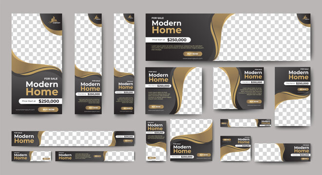 Real Estate web ad banner template design with black and gray background. vector