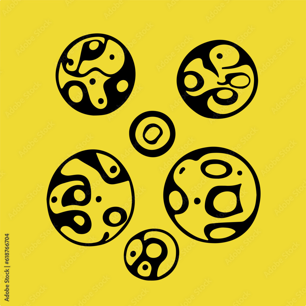 Aufkleber Acid psychedelic black and yellow print with abstract melting blobs in retro hippie style.
