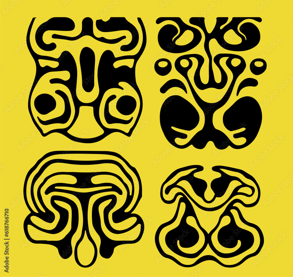 Poster Acid psychedelic black and yellow print with abstract melting blobs in retro hippie style.
