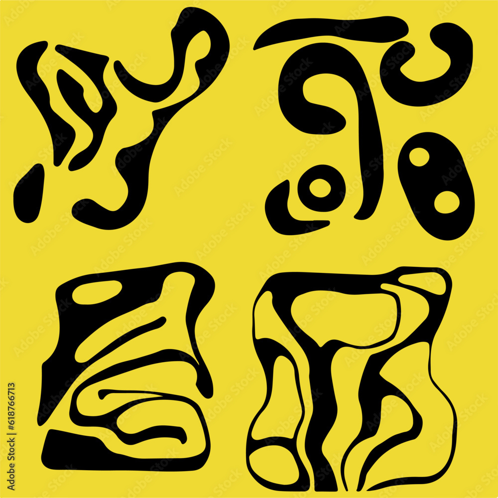 Poster Acid psychedelic black and yellow print with abstract melting blobs in retro hippie style.