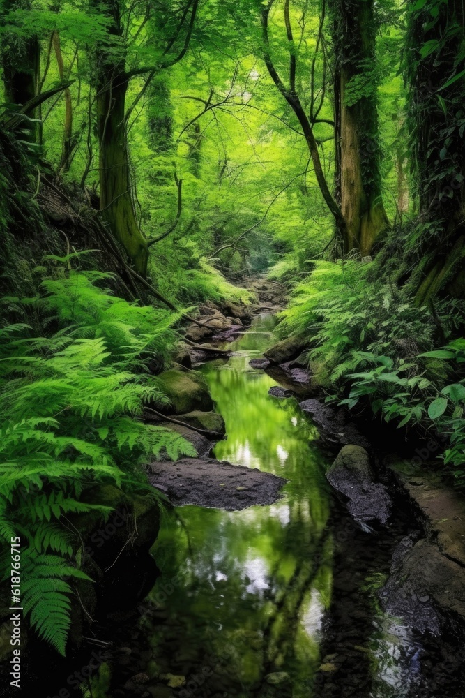 Poster tranquil forest stream surrounded by lush foliage, created with generative ai