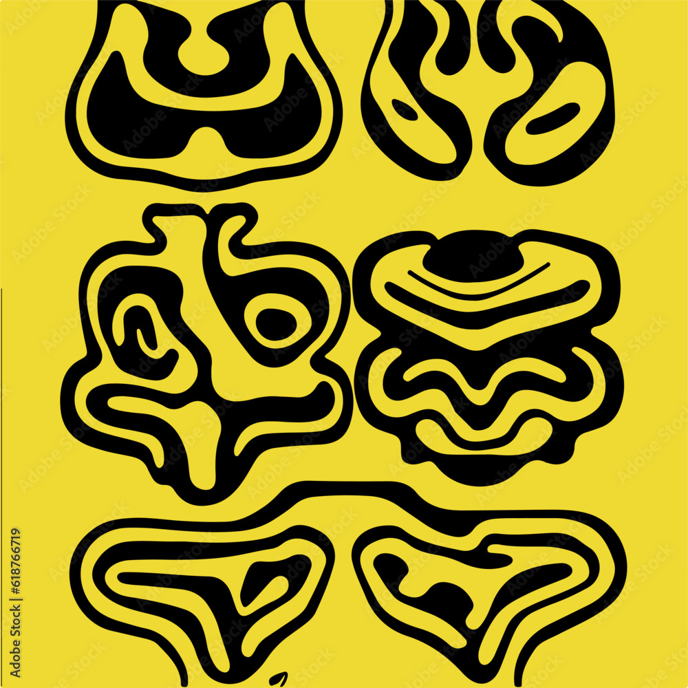 Poster Acid psychedelic black and yellow print with abstract melting blobs in retro hippie style.
