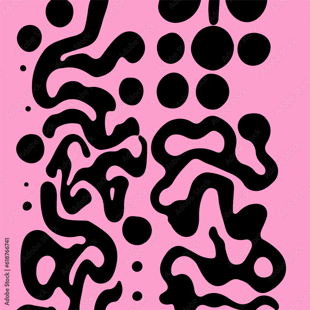 Poster abstract psychedelic black and pink backround with melting geometric shapes and lines in retro hippi