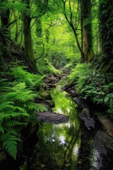 Fototapeta premium tranquil forest stream surrounded by lush foliage, created with generative ai
