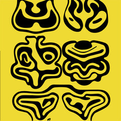 Acid psychedelic black and yellow print with abstract melting blobs in retro hippie style.