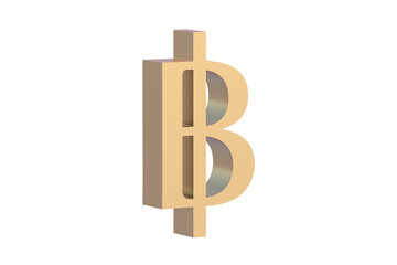 Baht symbol isolated on white background. Golden currency sign. Thailand money. 3d render