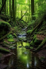 long exposure of a serene forest stream, created with generative ai