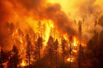 Deurstickers Baksteen Aerial view of massive wildfire or forest fire with burning trees and orange smoke. Generative AI.