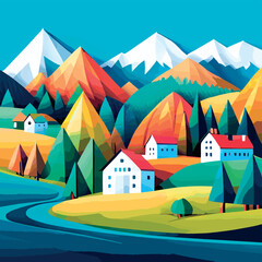 Fototapeta premium Various little tiny houses, trees and mountains. Paper cutout style. EPS-10