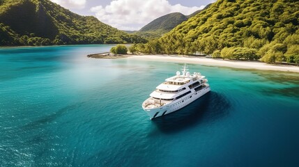 Fototapeta na wymiar Yacht ship isolated in blue ocean near islands. Generative Ai.