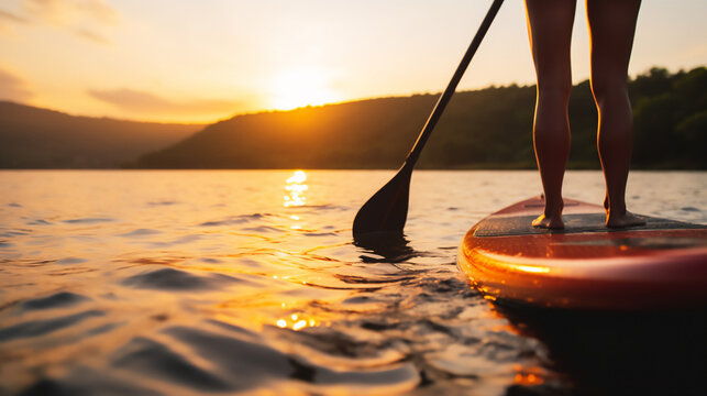 Person on SUP standup paddle board paddling into sunset on lake. Generative AI.