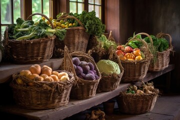 freshly harvested organic vegetables in rustic baskets, created with generative ai