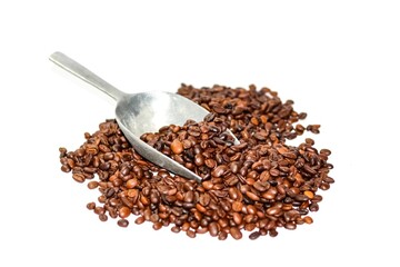 Put coffee beans on white background.coffee beans spread over patterns with concept isolated picture.