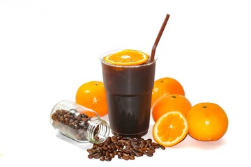 Special menu with ice coffee with orange juicy and topping by orange juice slice on concept isolate picture.Americano ice coffee and coffee beans spread around glass.