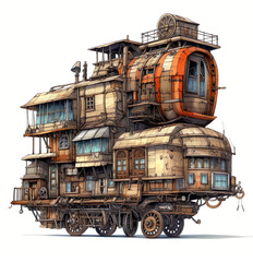 House on wheels camper trailer or van in steampunk style symbolic isolated on white background. Concept generative AI image. Symbol of movement and freedom