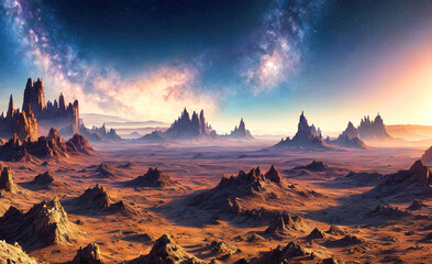 Naklejka premium Landscape of an alien planet, beautiful view of red desert on another planet, fictional sci-fi background.